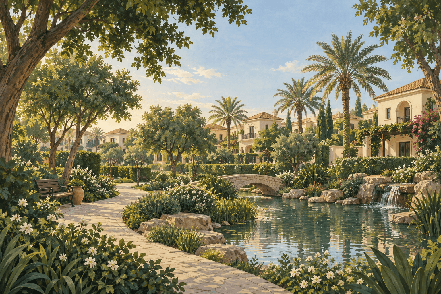 Illustration of a peaceful garden neighbourhood